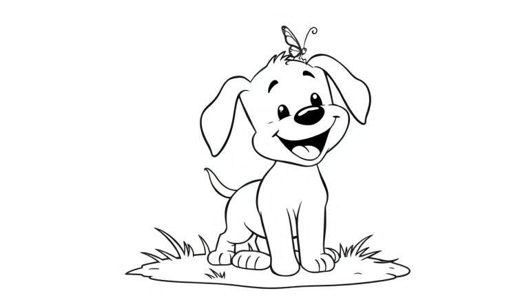 A happy cartoon puppy ready for coloring, with a butterfly on its head, a fun color panel.