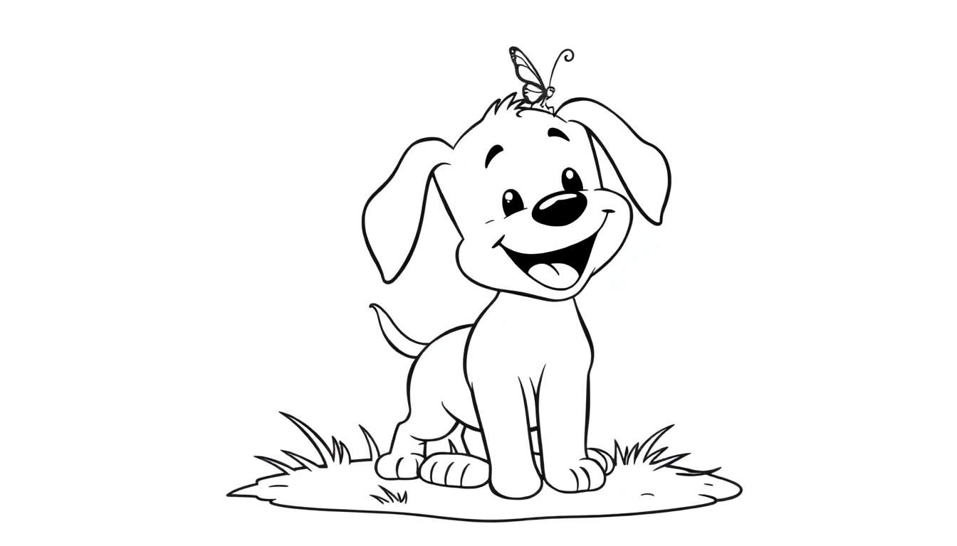A happy cartoon puppy ready for coloring, with a butterfly on its head, a fun color panel.