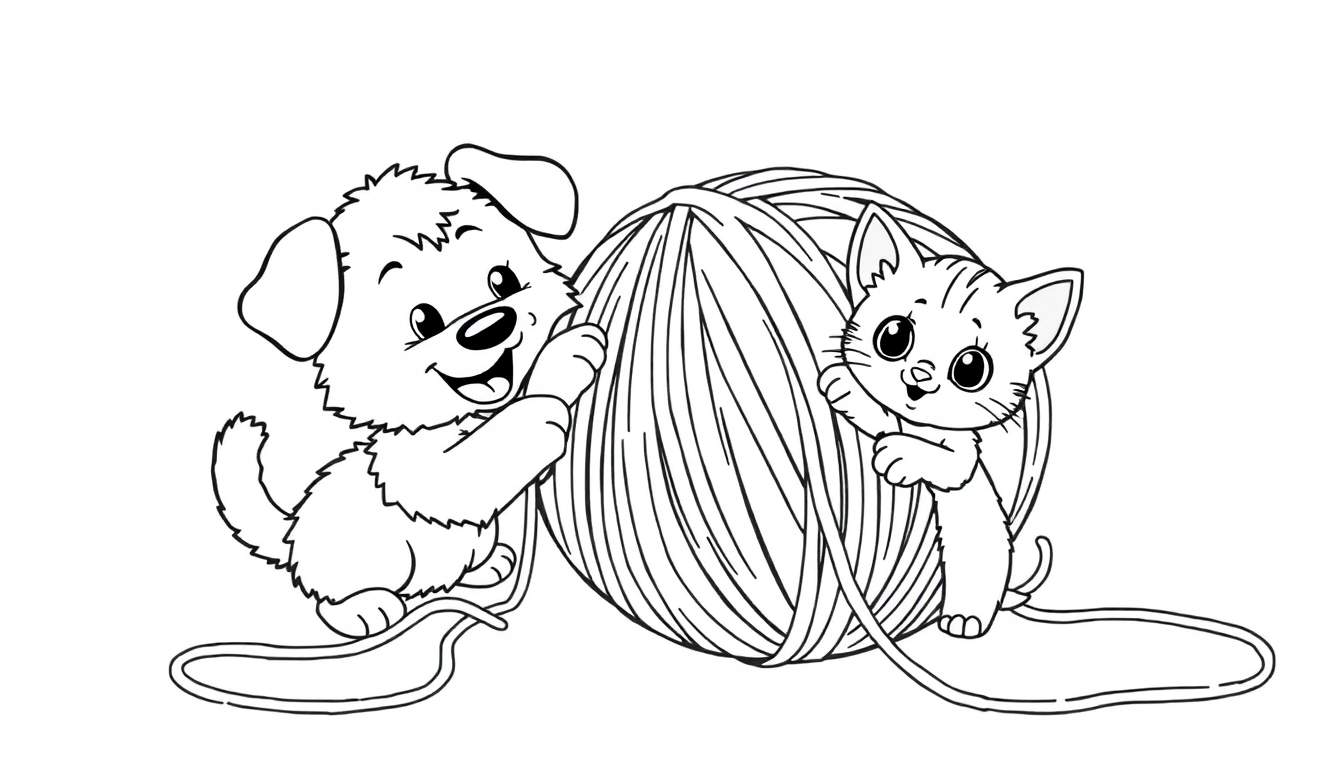 A playful puppy and kitten with big eyes and smiles playing with a yarn ball, a fun color panel for kids.