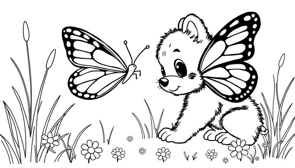 A cute puppy with butterfly wings in a flower field, ready for a coloring panel.