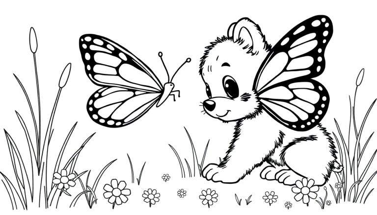 A cute puppy with butterfly wings in a flower field, ready for a coloring panel.