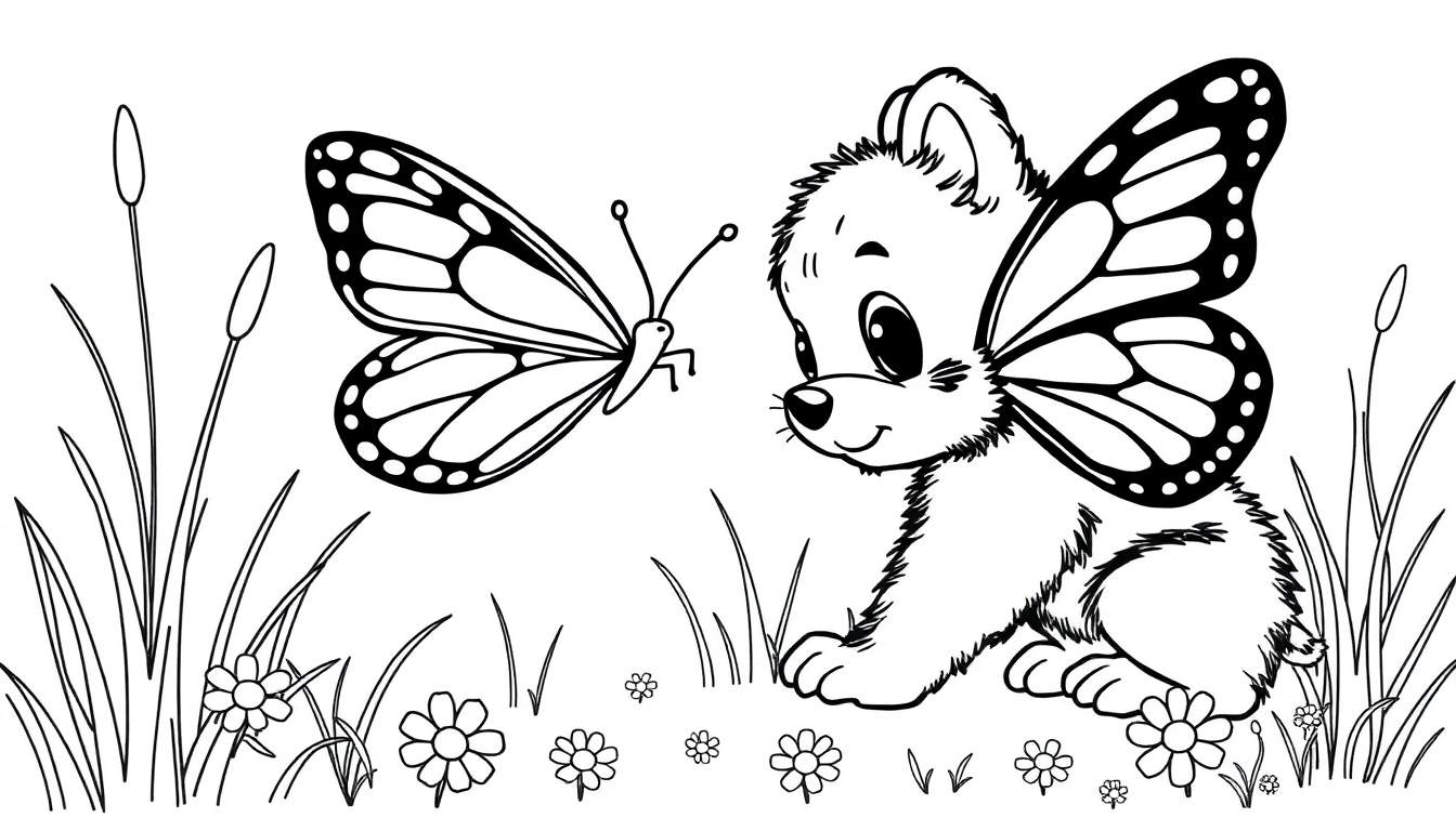A cute puppy with butterfly wings in a flower field, ready for a coloring panel.