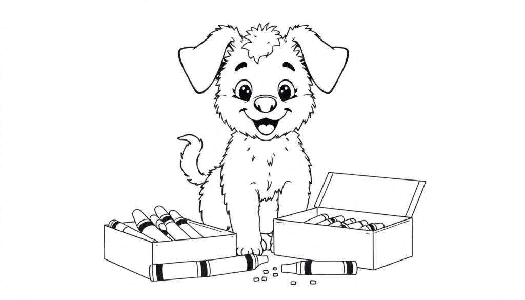 A cute black and white puppy sitting next to open crayon boxes, ready for a coloring panel.