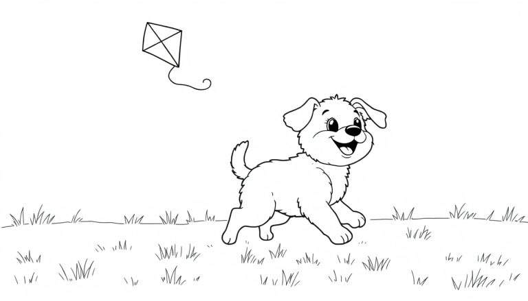 A playful puppy chases a kite, a black and white coloring panel.