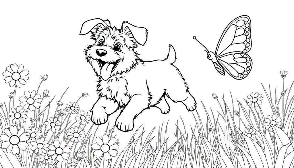 A black and white coloring page featuring a fluffy puppy joyfully chasing a butterfly through a meadow filled with daisies and tall grass. A great color panel for young artists.