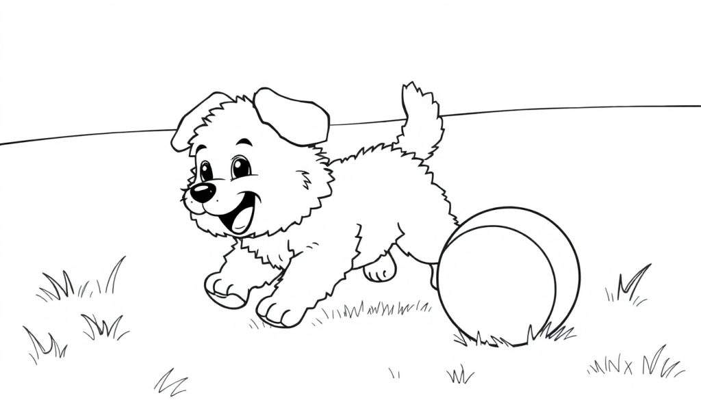 A playful puppy jumping for a ball in a park, a black and white coloring page for kids, with a color panel effect.