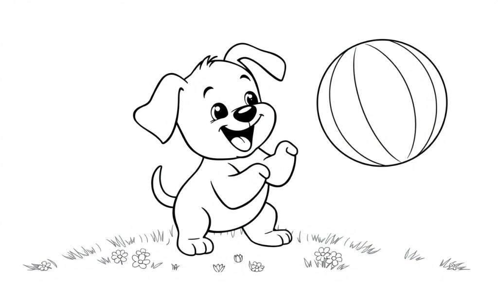 A happy cartoon puppy playing with a ball, a fun black and white color panel for kids.