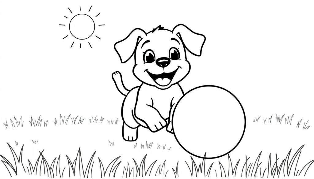 A black and white color panel drawing of a happy puppy with its tongue out, playing with a ball in a sunny field.