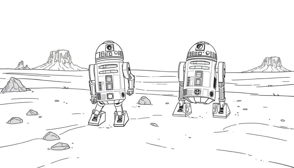 A black and white drawing of two R2-D2 droids in a desert landscape, with mesas in the background, on a color panel.