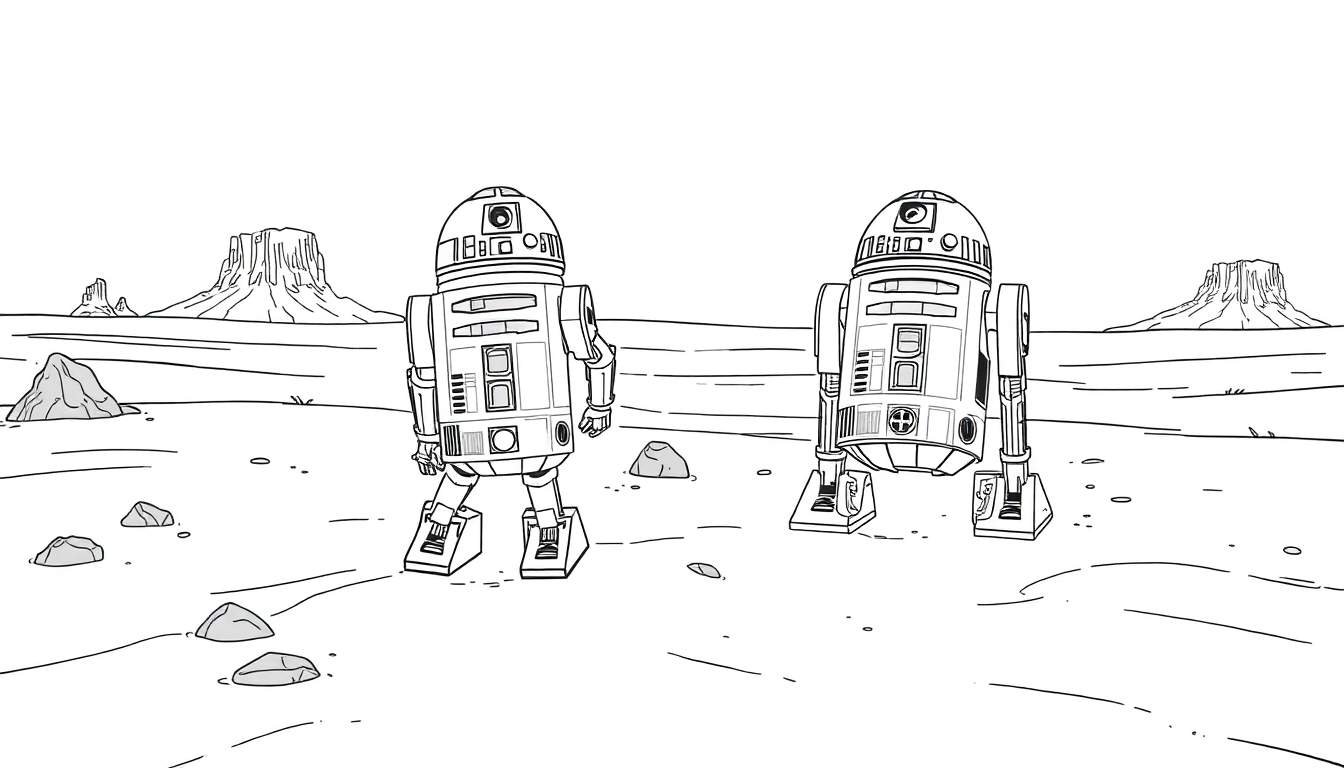 A black and white drawing of two R2-D2 droids in a desert landscape, with mesas in the background, on a color panel.