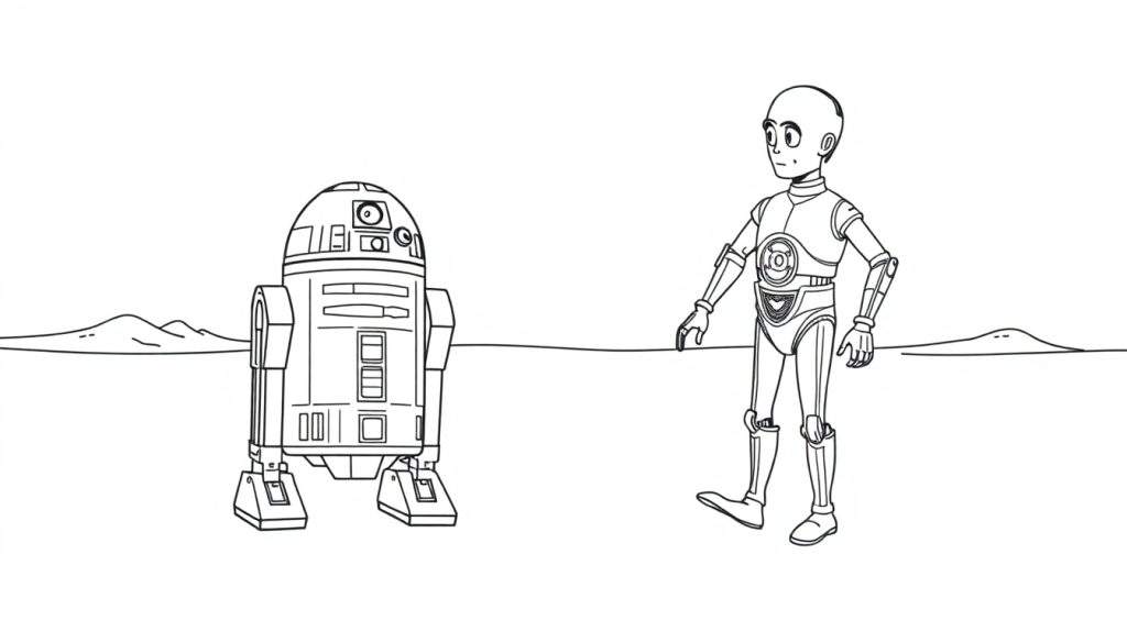 A black and white color panel of R2-D2 and C-3PO in a desert.
