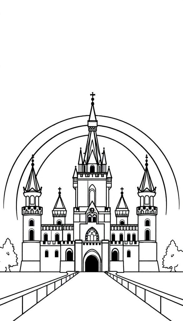 A geometric rainbow arching over a simple, stylized castle made of basic shapes.
