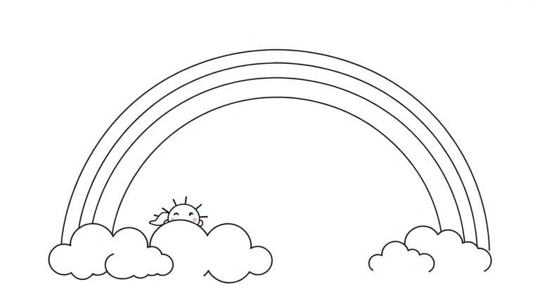 A cheerful rainbow color panel with fluffy clouds and a smiling sun.