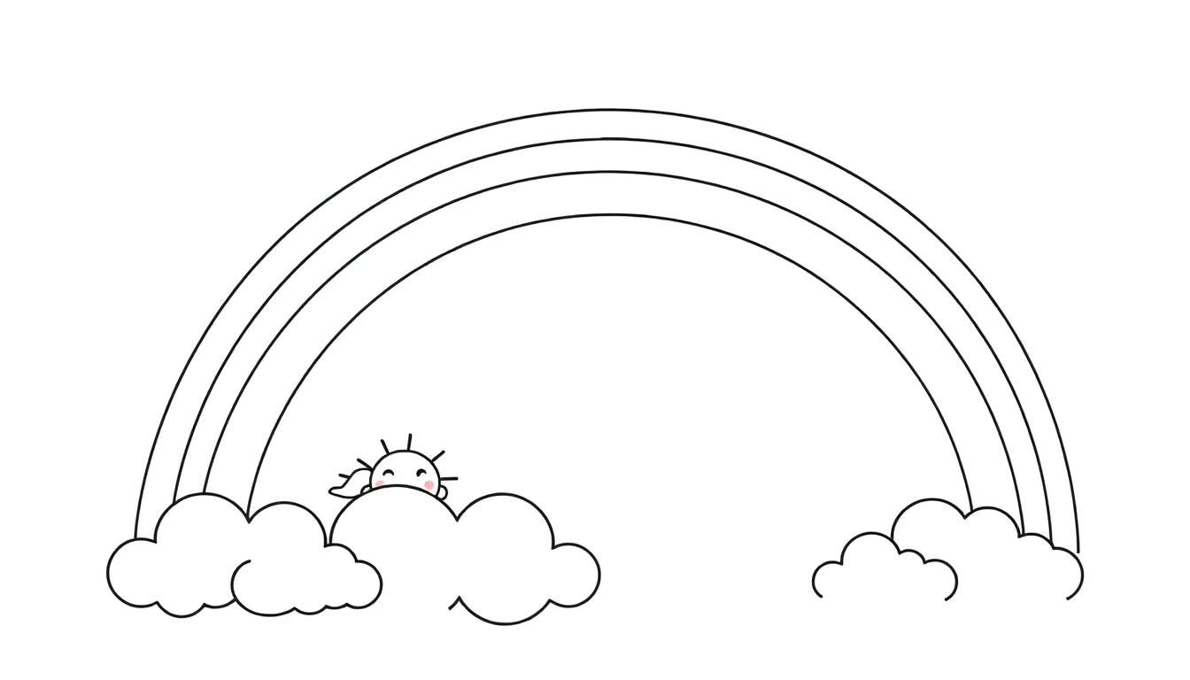 A cheerful rainbow color panel with fluffy clouds and a smiling sun.