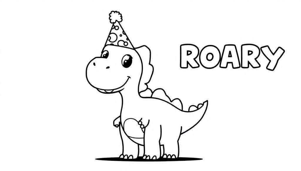 A friendly cartoon dinosaur, Roary, wearing a party hat, ready for coloring. This color panel features bold lettering.