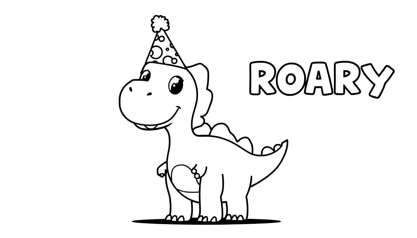 A friendly cartoon dinosaur, Roary, wearing a party hat, ready for coloring. This color panel features bold lettering. 