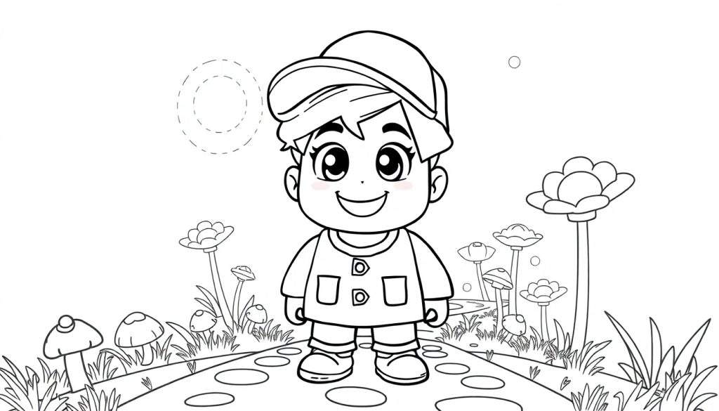 A cute Roblox avatar with a hat stands on a stone path, ready for coloring fun. This color panel awaits your creativity!