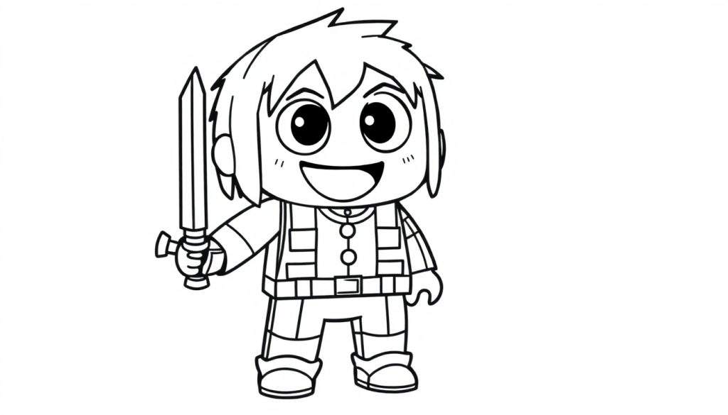 A cartoon boy with big eyes and a smile holding a sword, ready for coloring on a color panel.