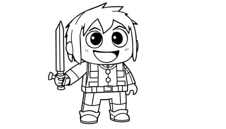A cartoon boy with big eyes and a smile holding a sword, ready for coloring on a color panel.