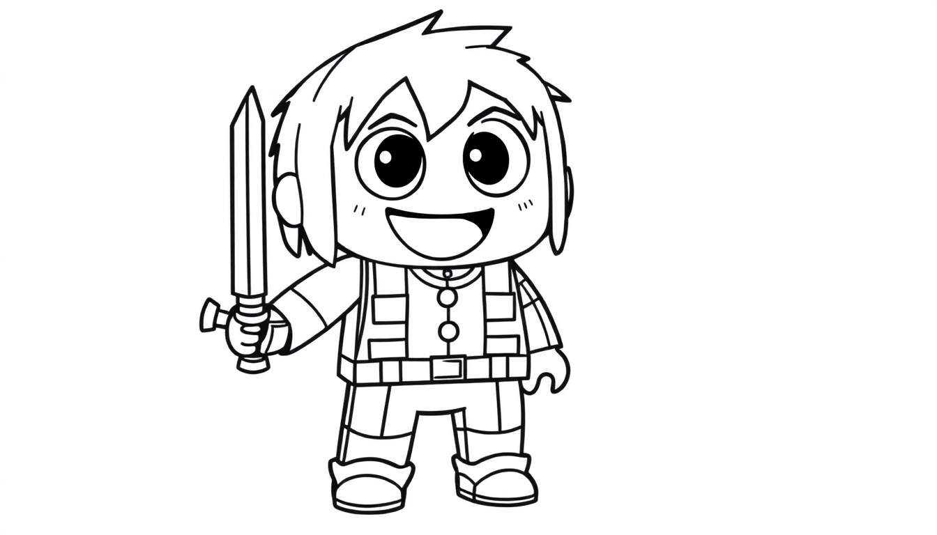 A cartoon boy with big eyes and a smile holding a sword, ready for coloring on a color panel.