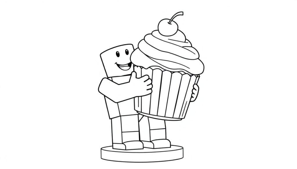 Roblox noob character hugging a giant cupcake, black and white coloring panel.