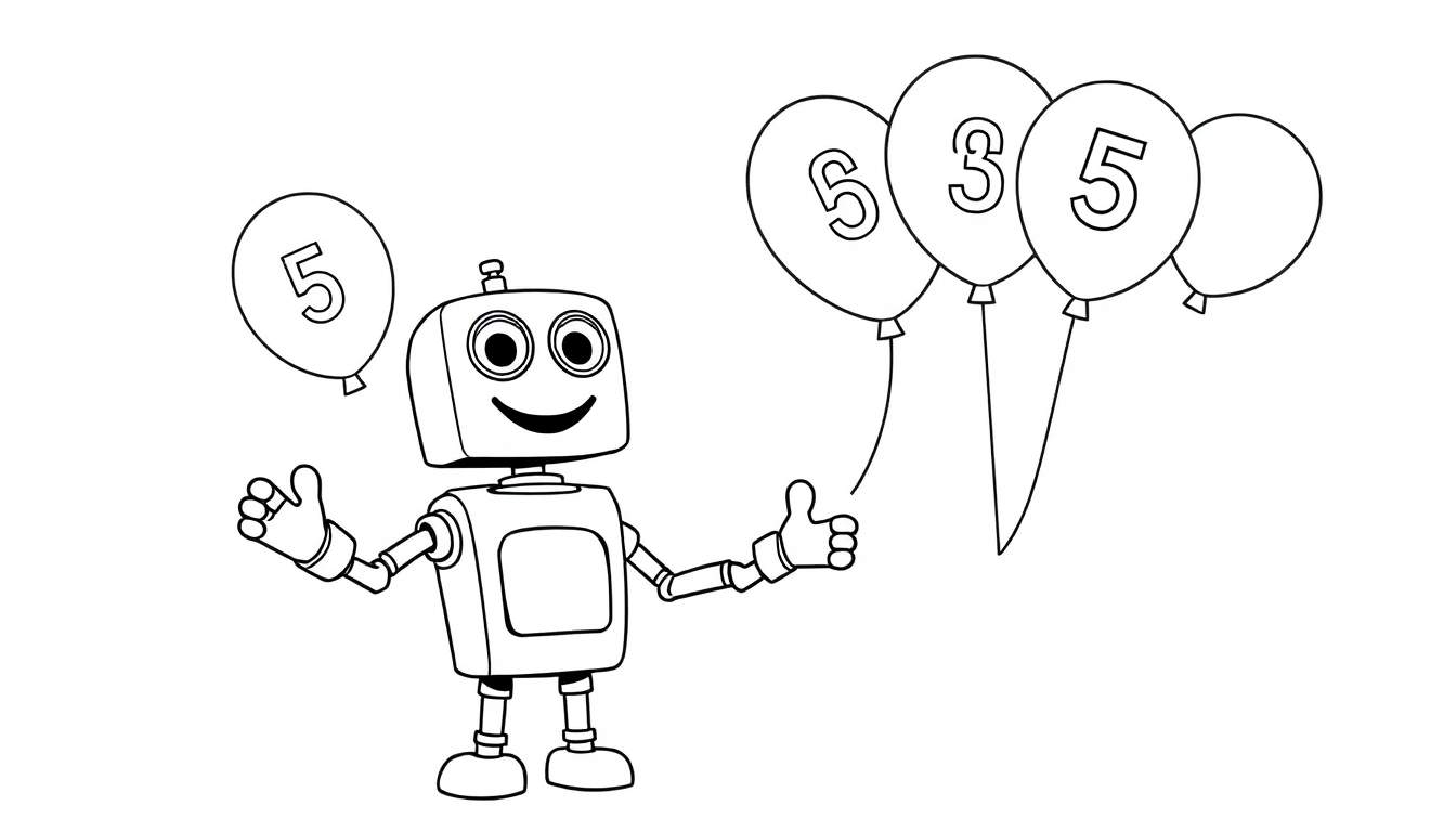 A friendly robot giving a thumbs up and holding balloons, with numbers on them, on a color panel.