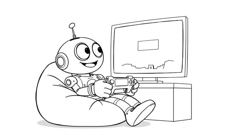 A cute robot playing a video game on a beanbag, presented as a black and white color panel for kids.