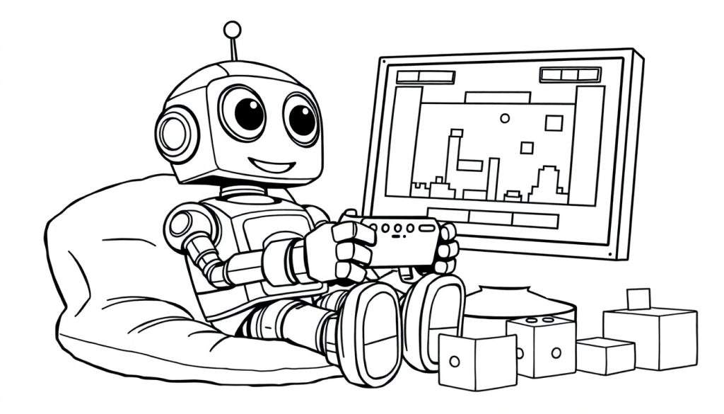 A friendly robot sits cross-legged on a beanbag, playing a video game on a screen. This black and white color panel drawing shows the robot holding a controller, focused on a pixelated city. Boxy shapes are scattered around the beanbag, adding to the fun. It's a charming scene for a coloring page color panel.