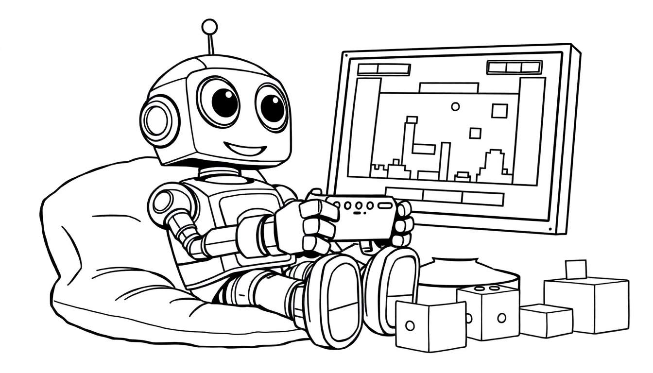 A friendly robot sits cross-legged on a beanbag, playing a video game on a screen. This black and white color panel drawing shows the robot holding a controller, focused on a pixelated city. Boxy shapes are scattered around the beanbag, adding to the fun. It's a charming scene for a coloring page color panel.