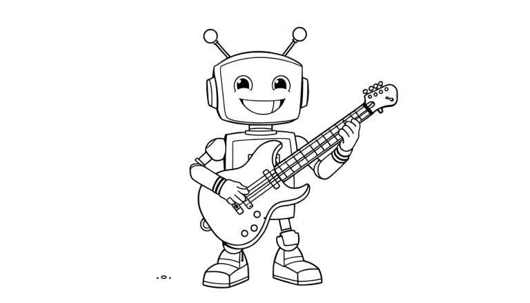 A happy robot with antennas and headphones plays a shiny guitar. This black and white color panel is perfect for kids to color.