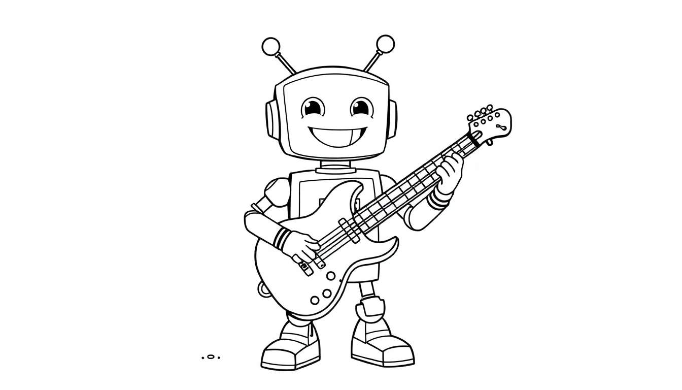 A happy robot with antennas and headphones plays a shiny guitar. This black and white color panel is perfect for kids to color.
