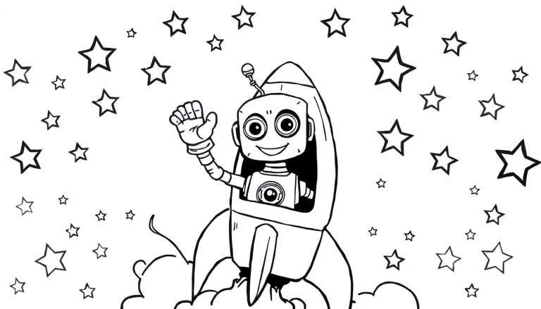 A friendly robot waving from a rocket ship, ready for a colorful adventure on this color panel.
