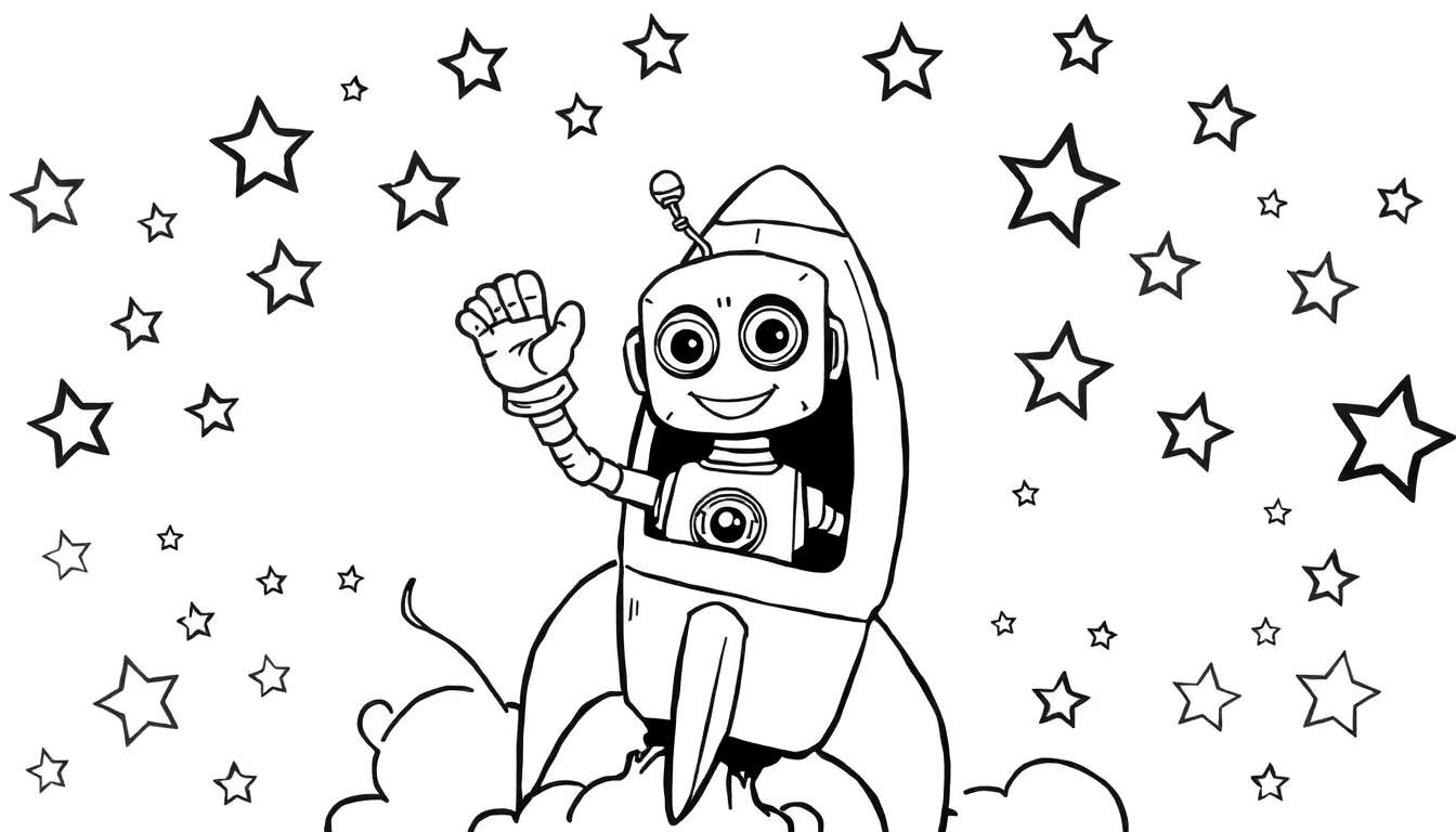 A friendly robot waving from a rocket ship, ready for a colorful adventure on this color panel.