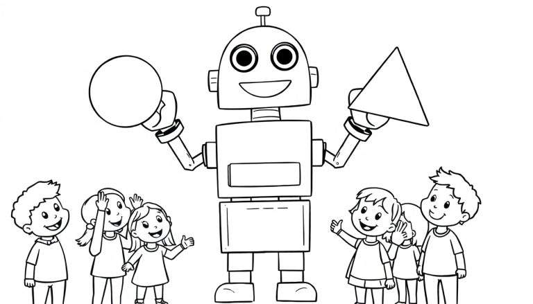 A friendly robot with a sphere and triangle, teaching children about shapes in a black and white color panel for coloring.