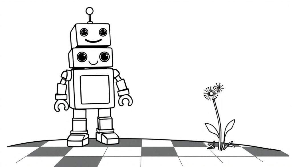 A friendly robot with square blocks and a dandelion, ready for a color panel.