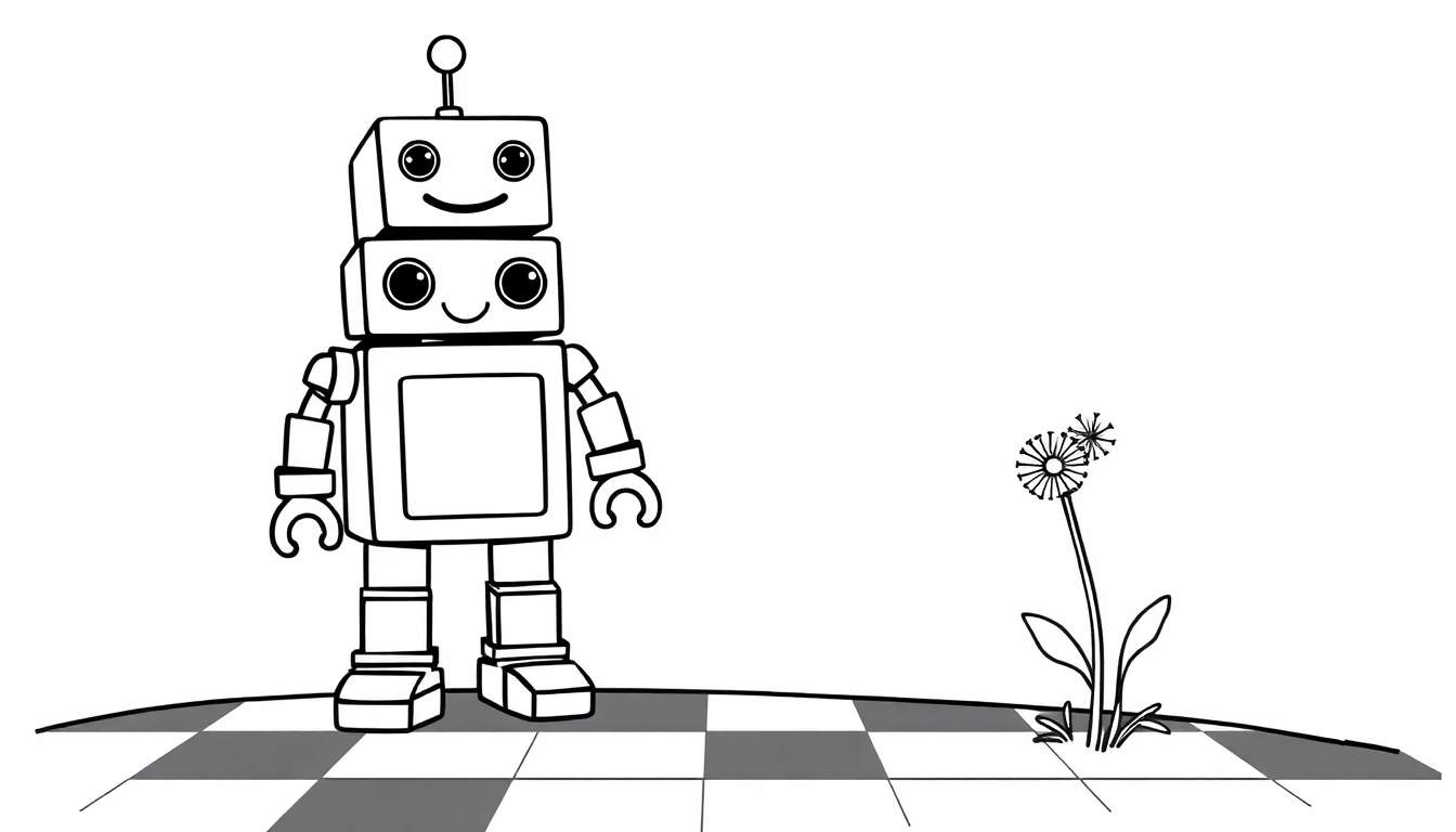 A friendly robot with square blocks and a dandelion, ready for a color panel.