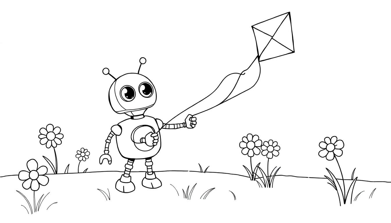 Robot flying a kite in a flower field, a coloring panel.