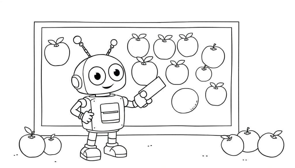 A smiling robot points at a chalkboard filled with apples on a black and white color panel.