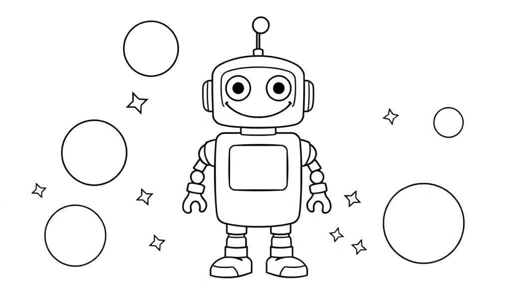 A friendly robot in a black and white color panel, surrounded by planets and stars.