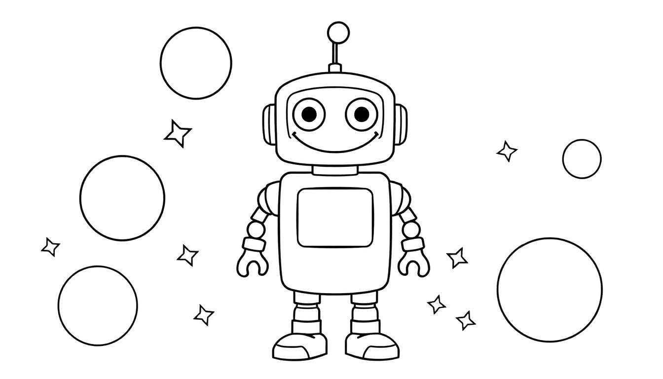 A friendly robot in a black and white color panel, surrounded by planets and stars.