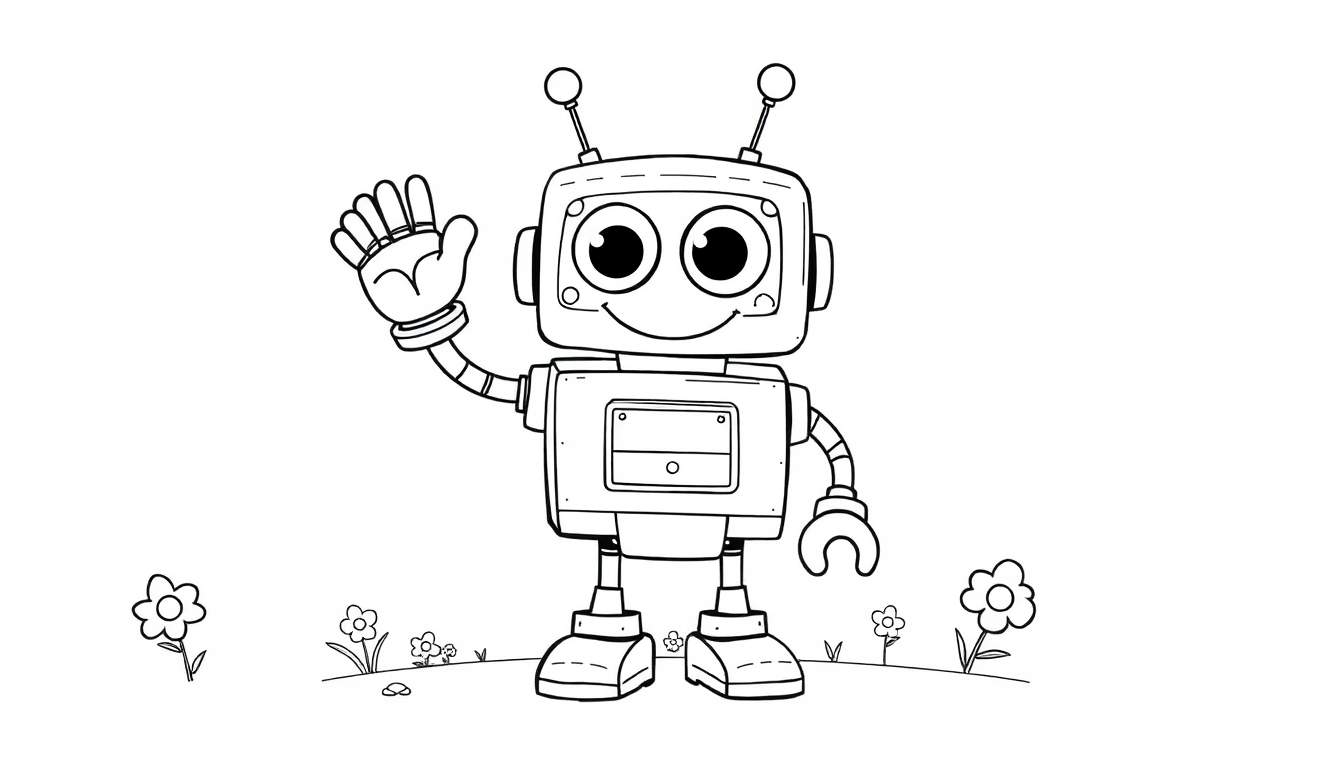 A cute black and white cartoon robot with a color panel, waving hello in a field of flowers, ready for coloring.
