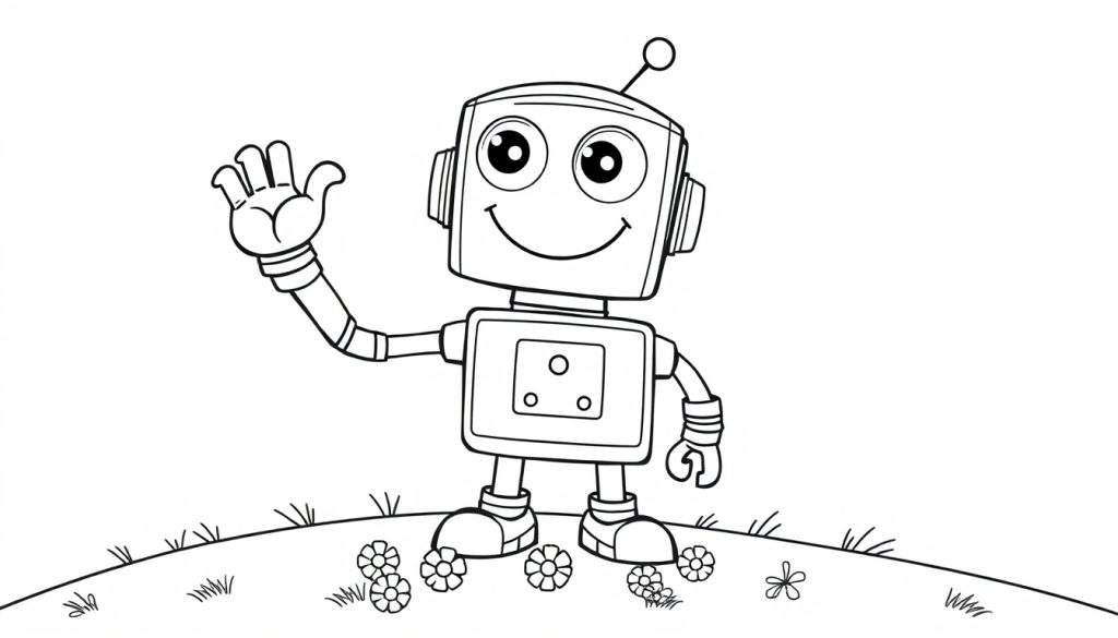 A friendly robot waving on a grassy hill, ready for coloring in this color panel.