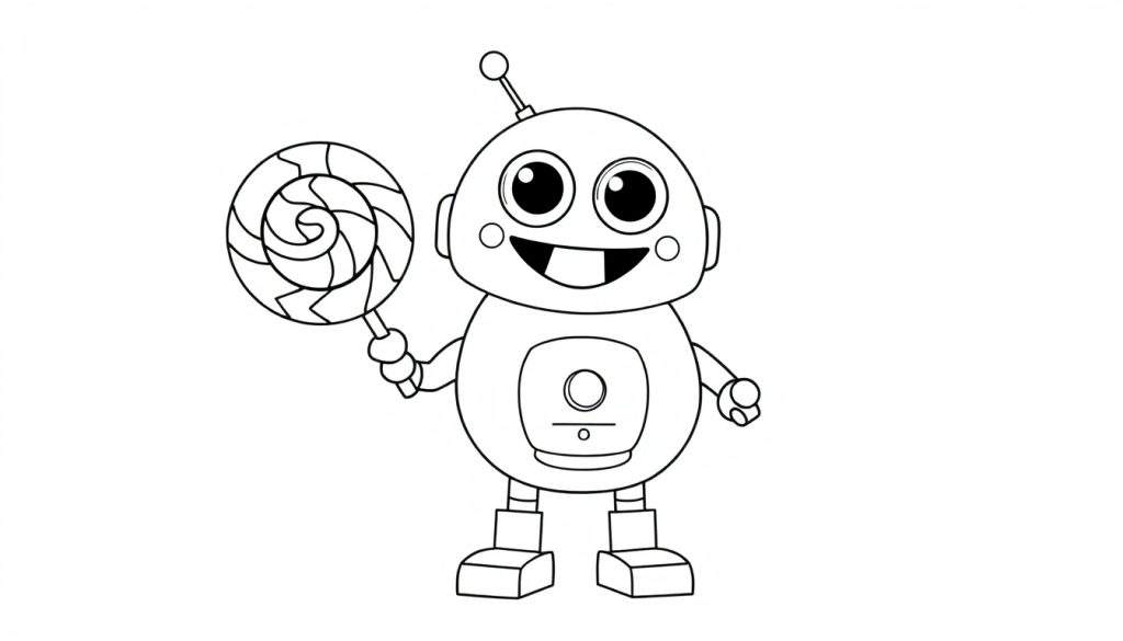 A black and white cartoon of a friendly robot holding a giant lollipop, ready for coloring on its color panel.