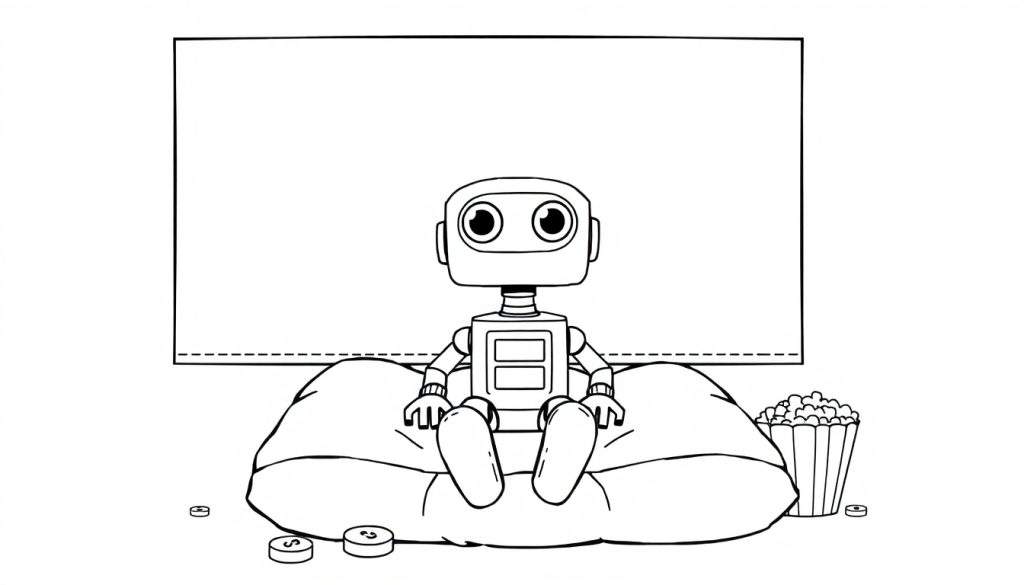 A friendly robot sitting on a beanbag chair, ready to watch a movie on a big blank screen, in a black and white color panel drawing.
