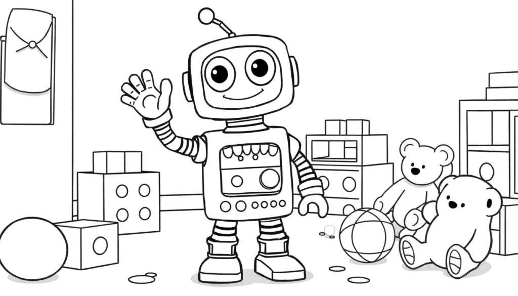 A friendly robot ready for coloring in a children's playroom color panel.