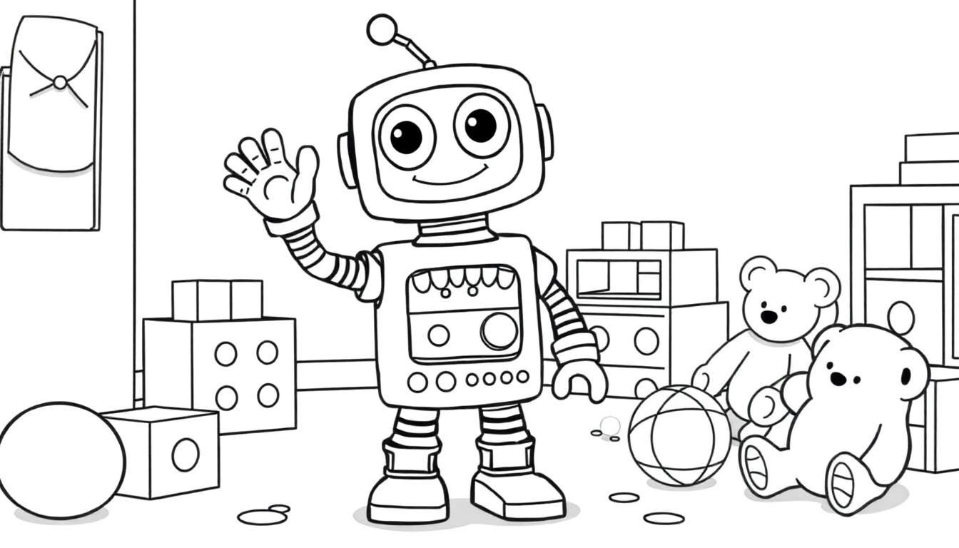 A friendly robot ready for coloring in a children's playroom color panel.