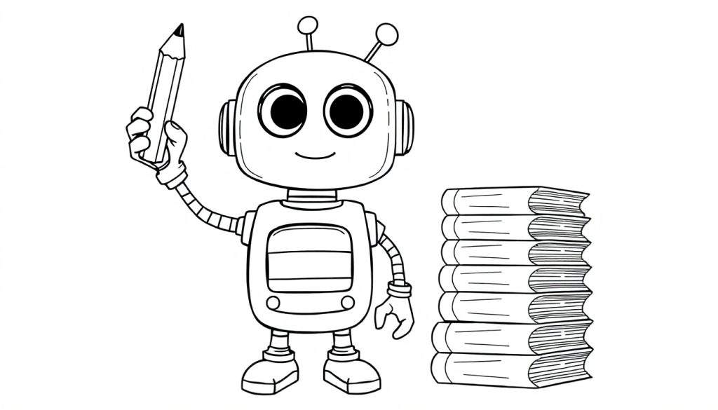 A cute robot holding a giant pencil and a stack of books, ready to draw on a color panel.