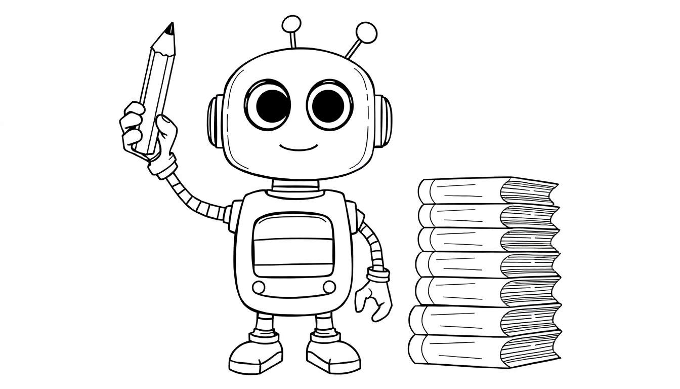 A cute robot holding a giant pencil and a stack of books, ready to draw on a color panel.