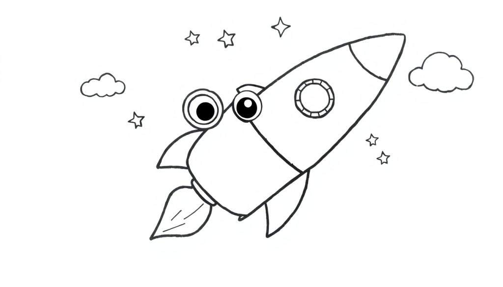 A cute cartoon rocket with big friendly eyes and flames from its booster, ready for a coloring adventure on its color panel.