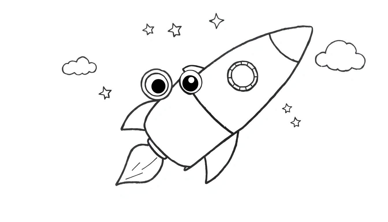 A cute cartoon rocket with big friendly eyes and flames from its booster, ready for a coloring adventure on its color panel.